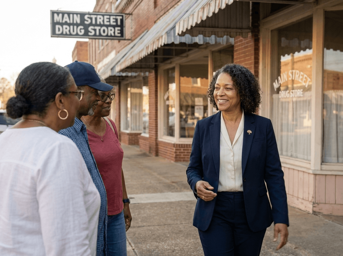 Concept image: candidate walking through downtown Tallulah, speaking with local residents near older storefronts