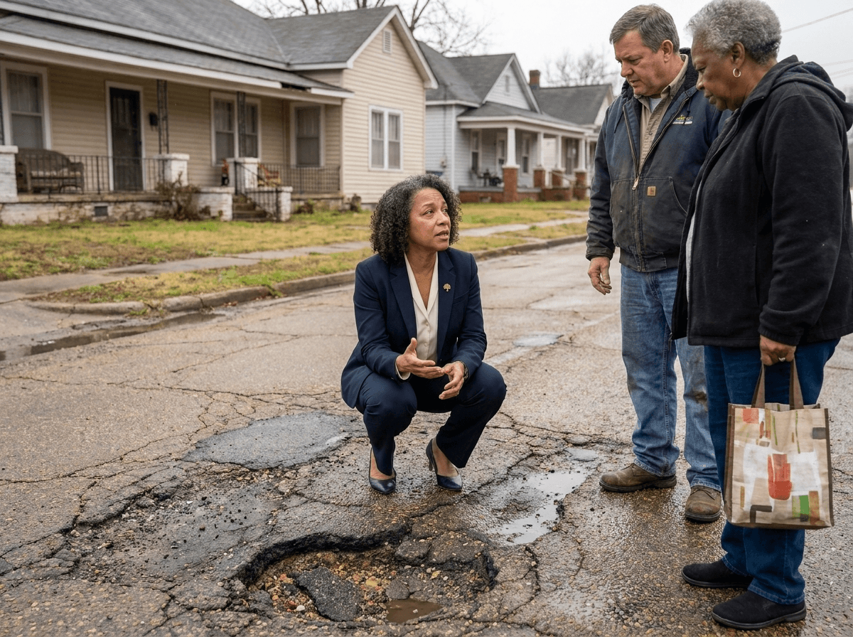 Concept image: candidate examining potholes and damaged streets with community members