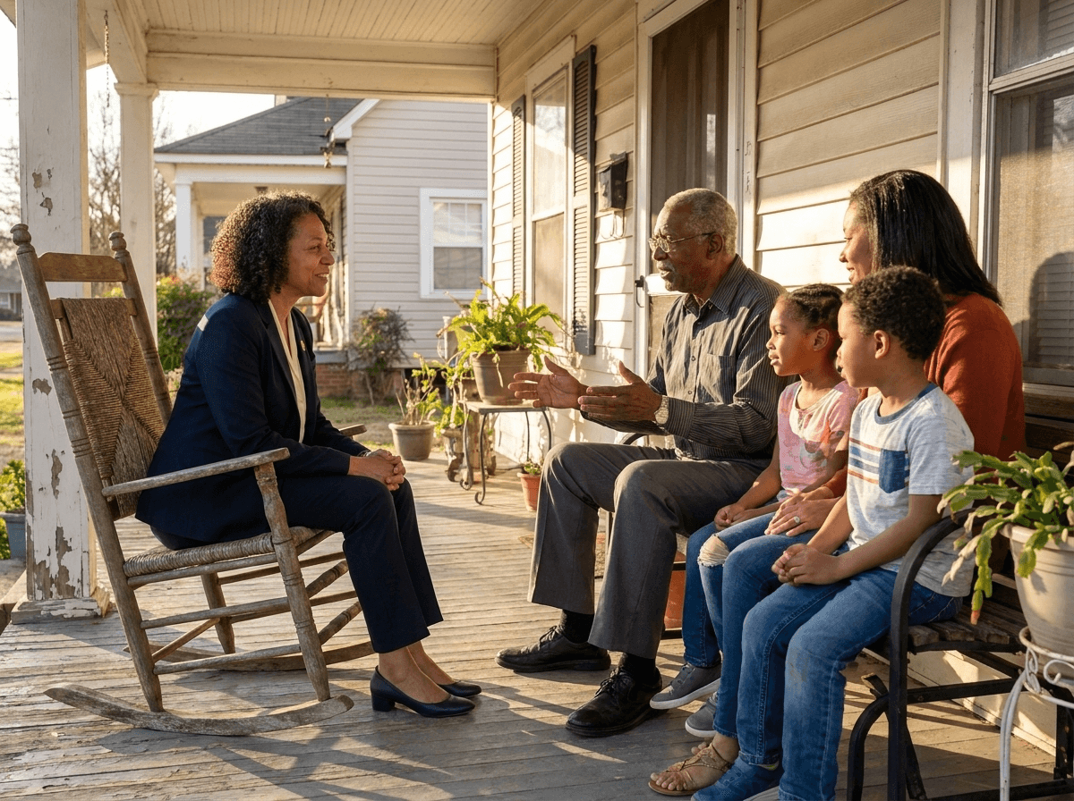 Concept image: candidate listening to seniors and a young family