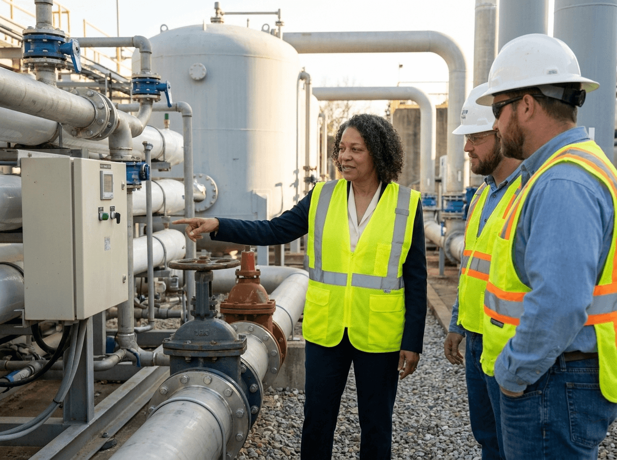 Concept image: candidate standing with city workers while reviewing clean-water infrastructure improvements
